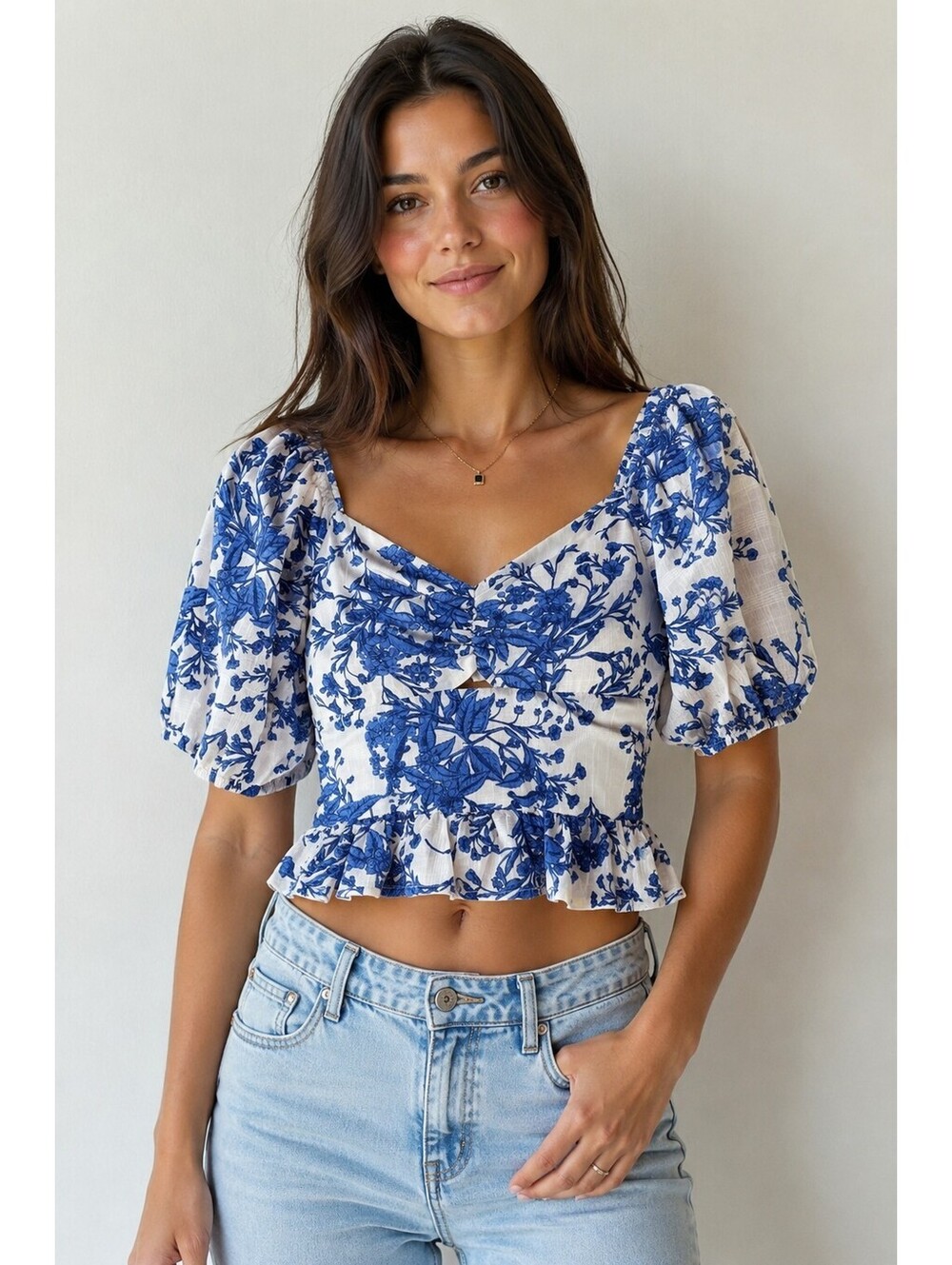 J.O.A. Blue White Floral Peplum Crop Top Puff Sleeve 100% Cotton Cottagecore